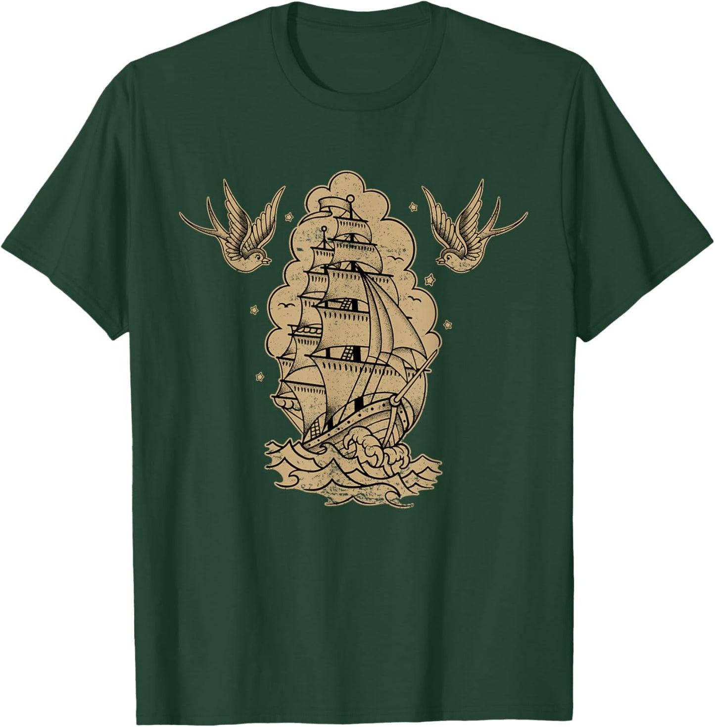 Old School Sailor Tattoo Clipper Ship and Swallows T-Shirt - T-Shirt | Forest