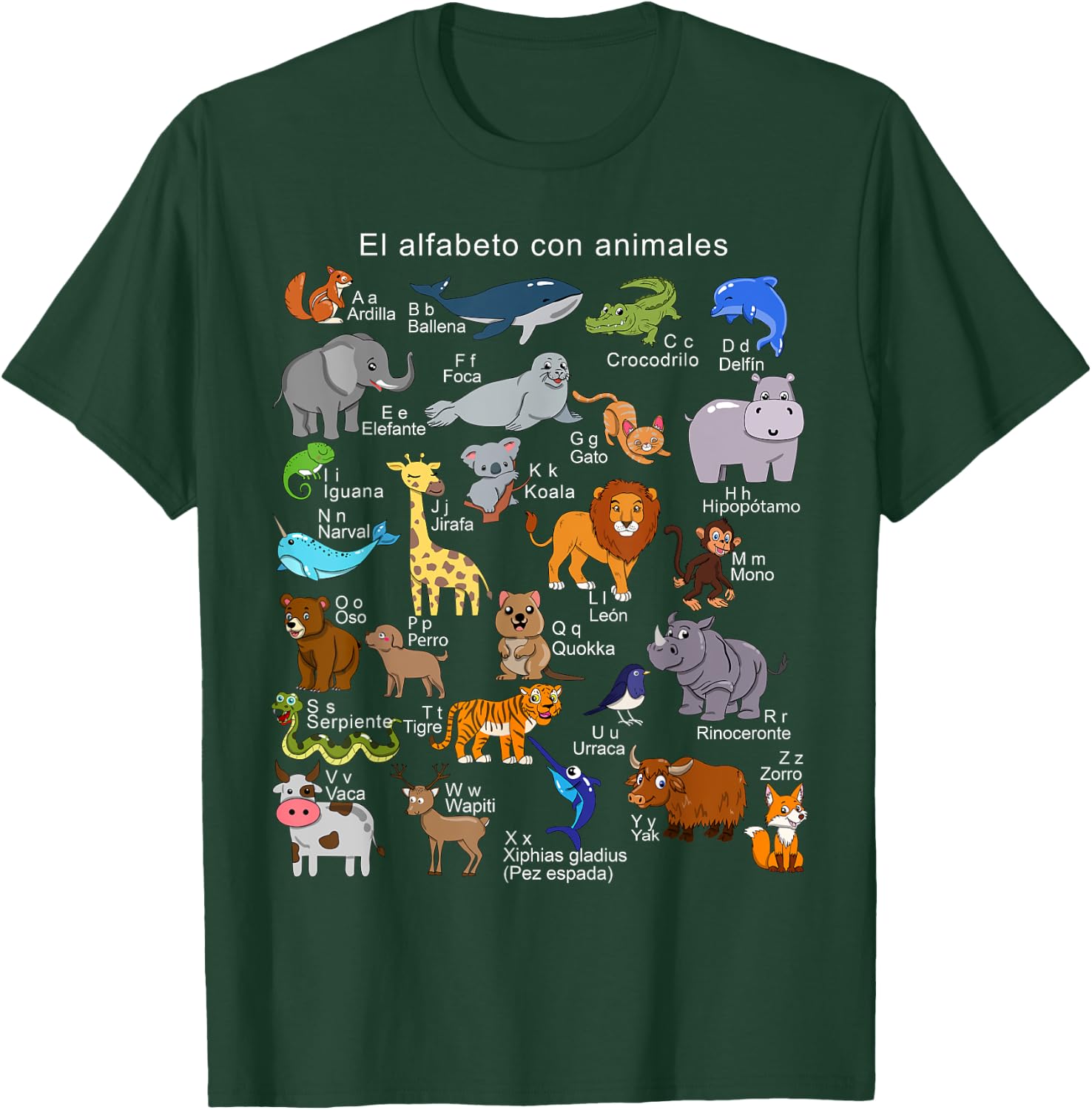 Spanish Animals Alphabet A-Z ABC of the Wildlife T-Shirt - T-Shirt | Forest