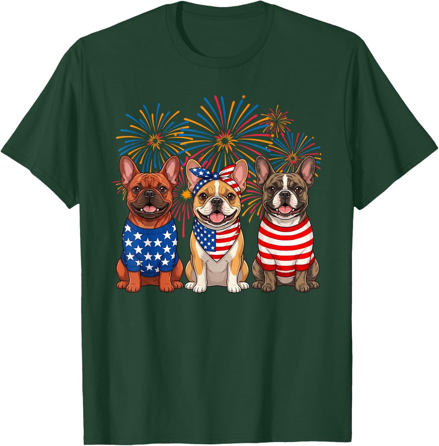 Funny French Bulldog Lover USA Flag 4th of July Women Men T-Shirt - T-Shirt | Forest