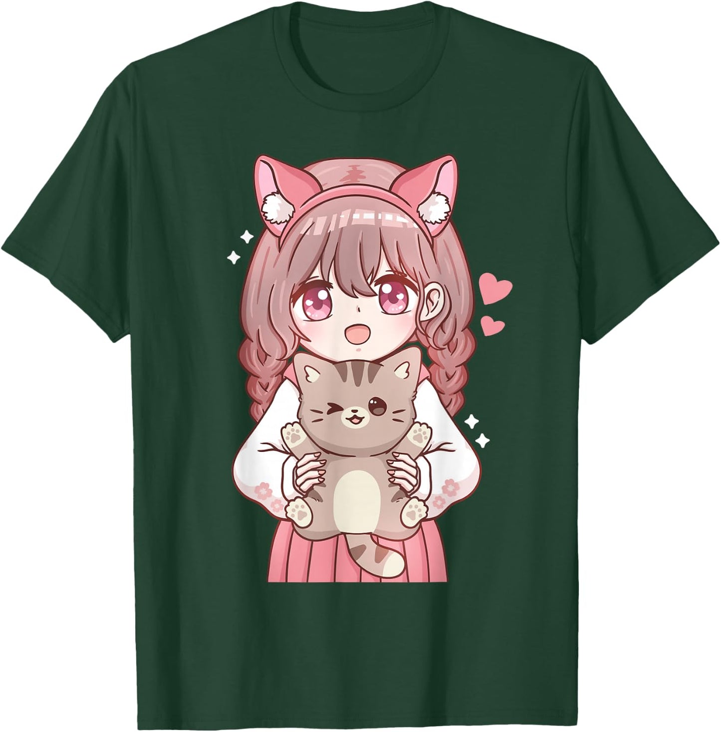 Anime Girl with Cat Kawaii Cat Lover Otaku Small T-Shirt - T-Shirt | Forest
