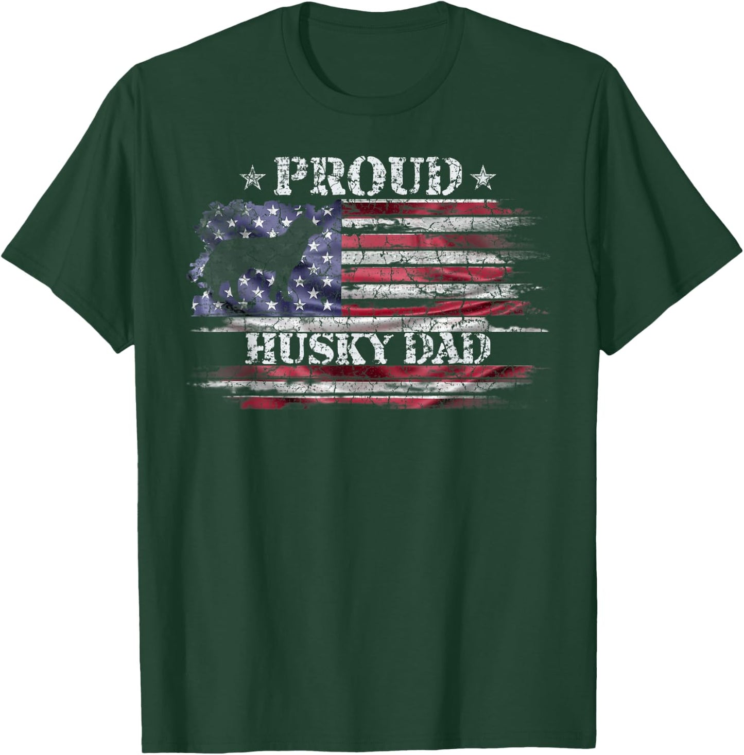 Vintage American Flag Proud Siberian Husky Dad Silhouette Women Kids Men T-Shirt - T-Shirt | Forest