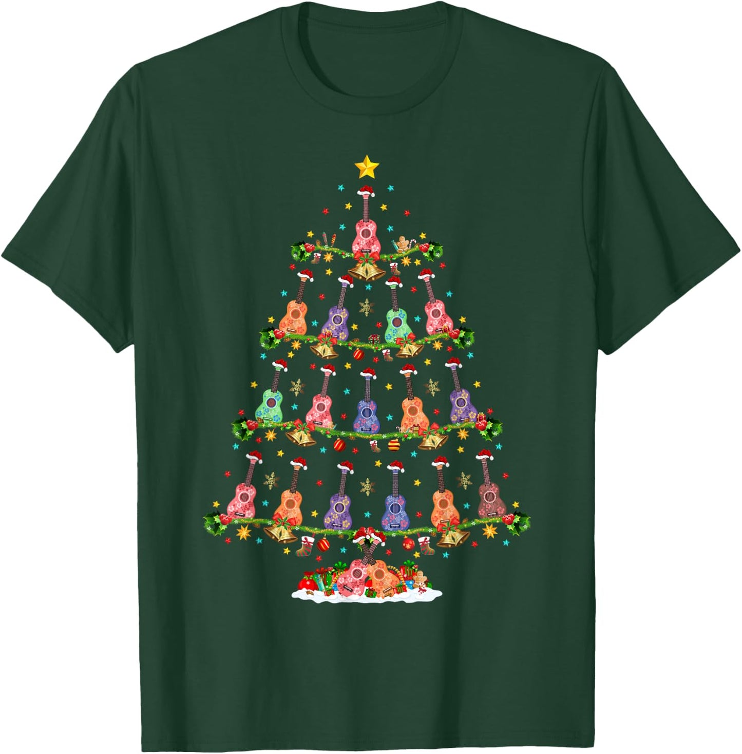Ukulele Guitar Xmas Lighting Santa Ukulele Christmas Tree T-Shirt - T-Shirt | Forest