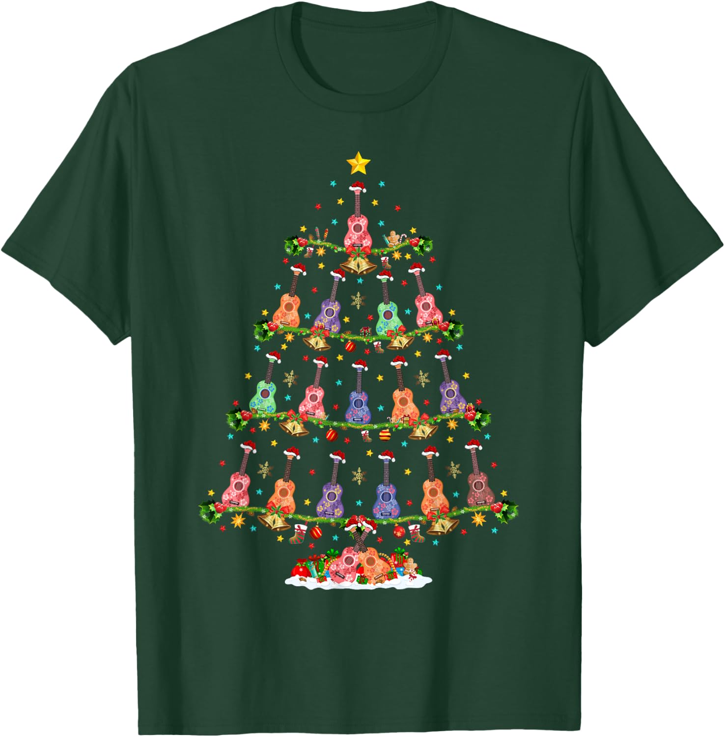 Ukulele Guitar Xmas Lighting Santa Ukulele Christmas Tree T-Shirt - T-Shirt | Forest