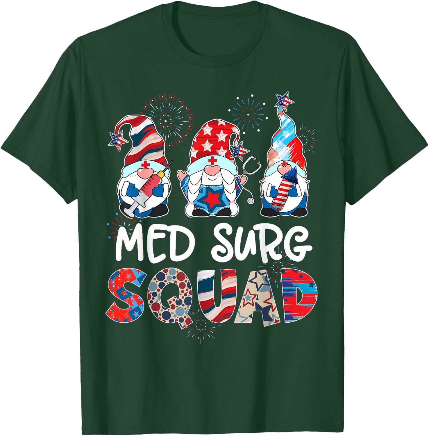 Med Surg Squad Gnomes 4th Of July Pride Nurse Stethoscope T-Shirt - T-Shirt | Forest