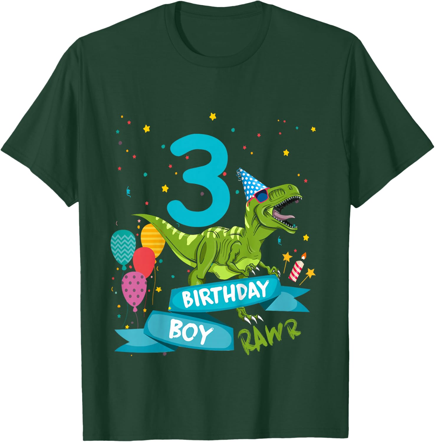 Kids 3rd Birthday Boy Party T-Rex Dinosaur Matching Shirts Rawr 3 T-Shirt - T-Shirt | Forest