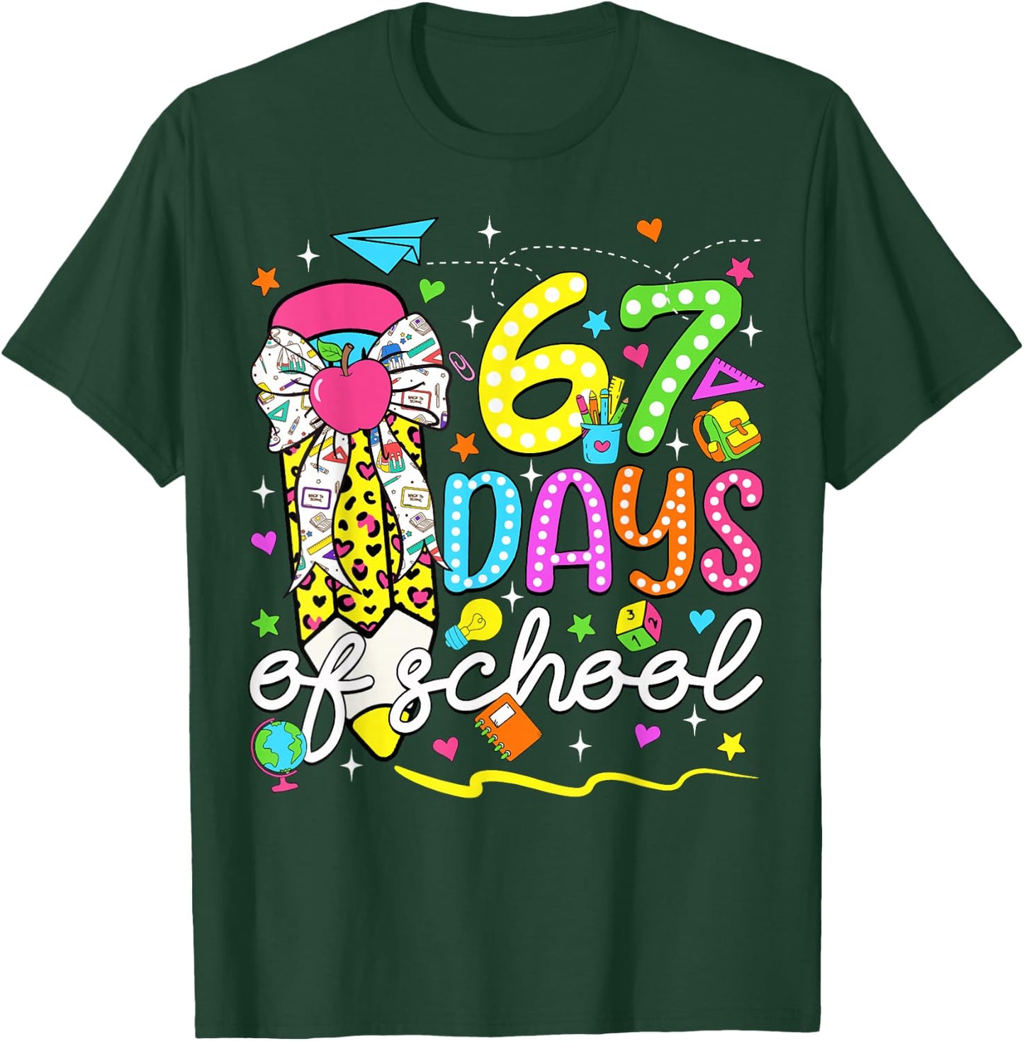 67 Days of School Girls Coquette Bow Pencil 67 Days Smarter T-Shirt - T-Shirt | Forest