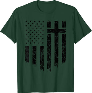 Vintage Distressed USA Flag Cross Christian Faith Gift T-Shirt - T-Shirt | Forest