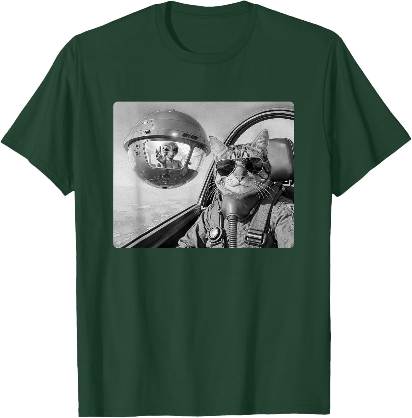 Pilot Cat Selfie with UFO and Alien Fighter Jet Cat Lovers T-Shirt - T-Shirt | Forest