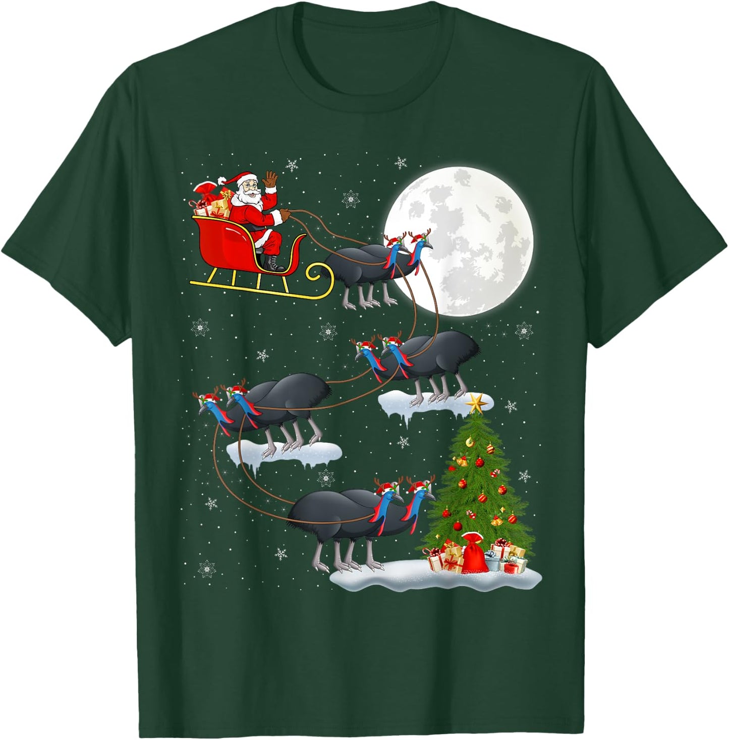 Funny Xmas Lighting Tree Santa Riding Cassowary Christmas T-Shirt - T-Shirt | Forest