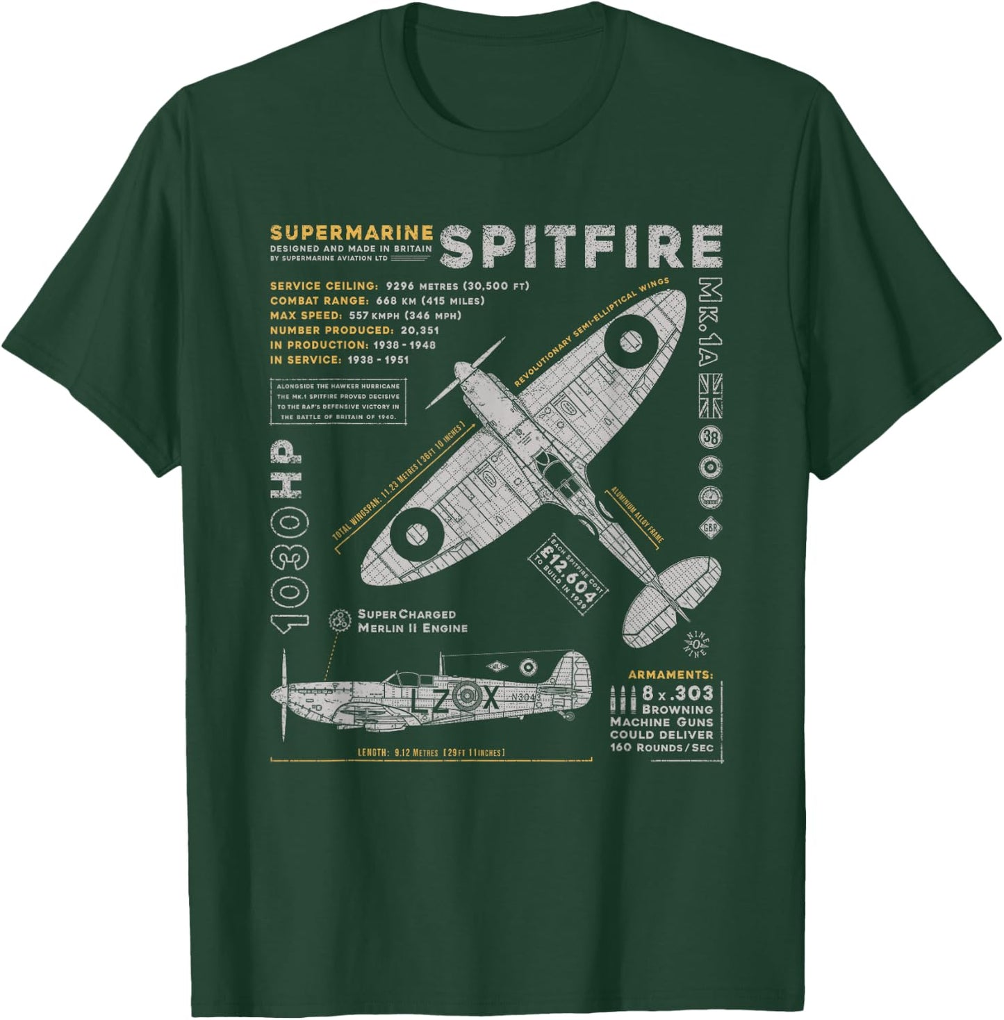 Spitfire Mk.1 | RAF British WWII Supermarine Fighter Plane Small T-Shirt - T-Shirt | Forest