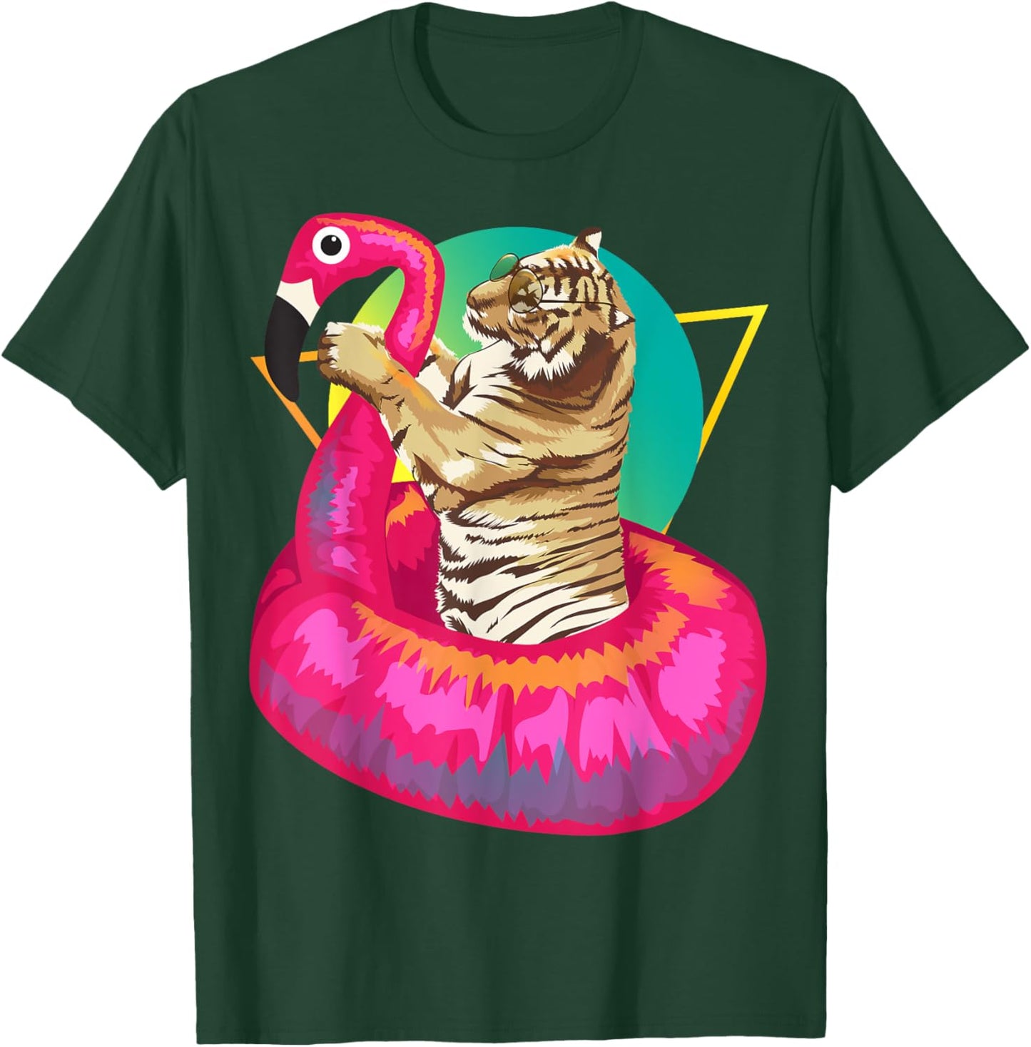 Cool Unique Tiger Chilling In Floating Flamingo Gift T-Shirt - T-Shirt | Forest