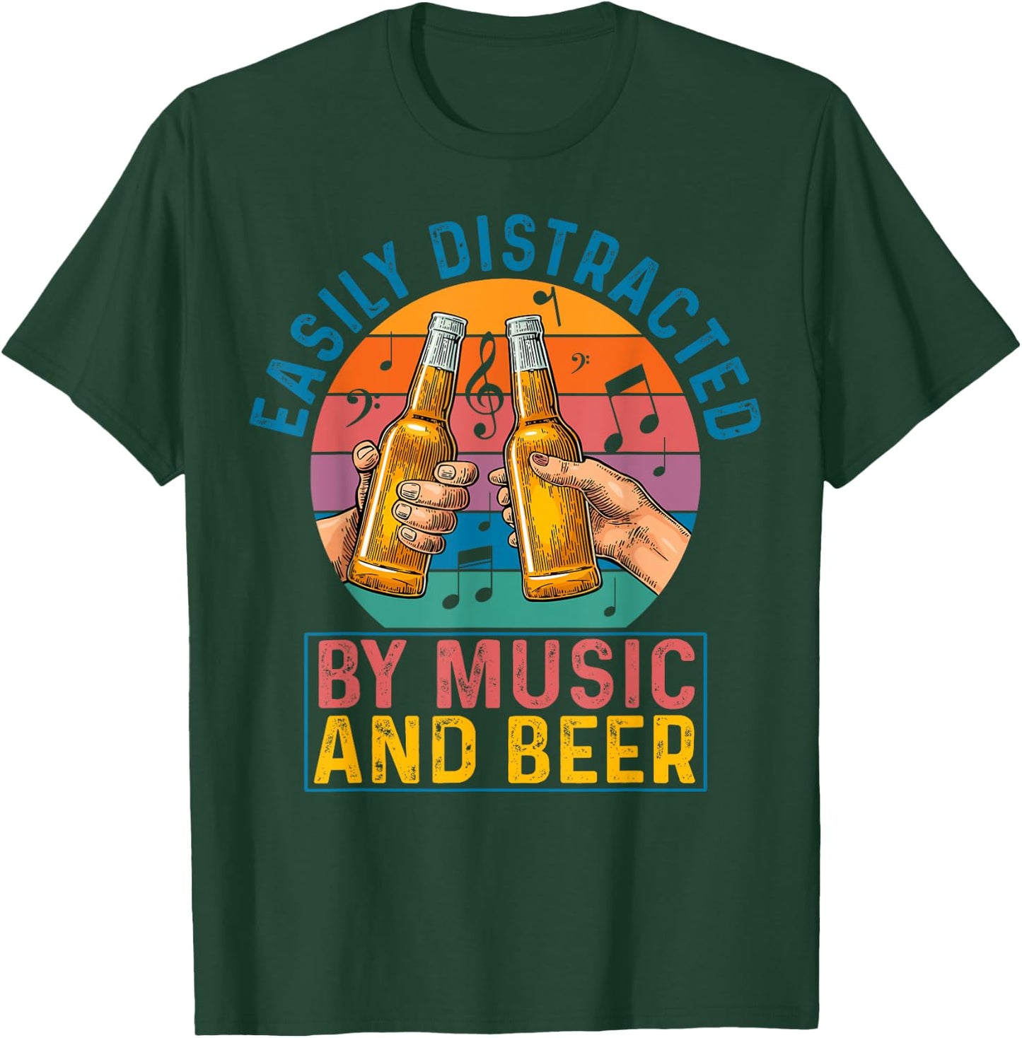 Easily Distracted By Music & Beer Retro Vintage Lover Gift T-Shirt - T-Shirt | Forest