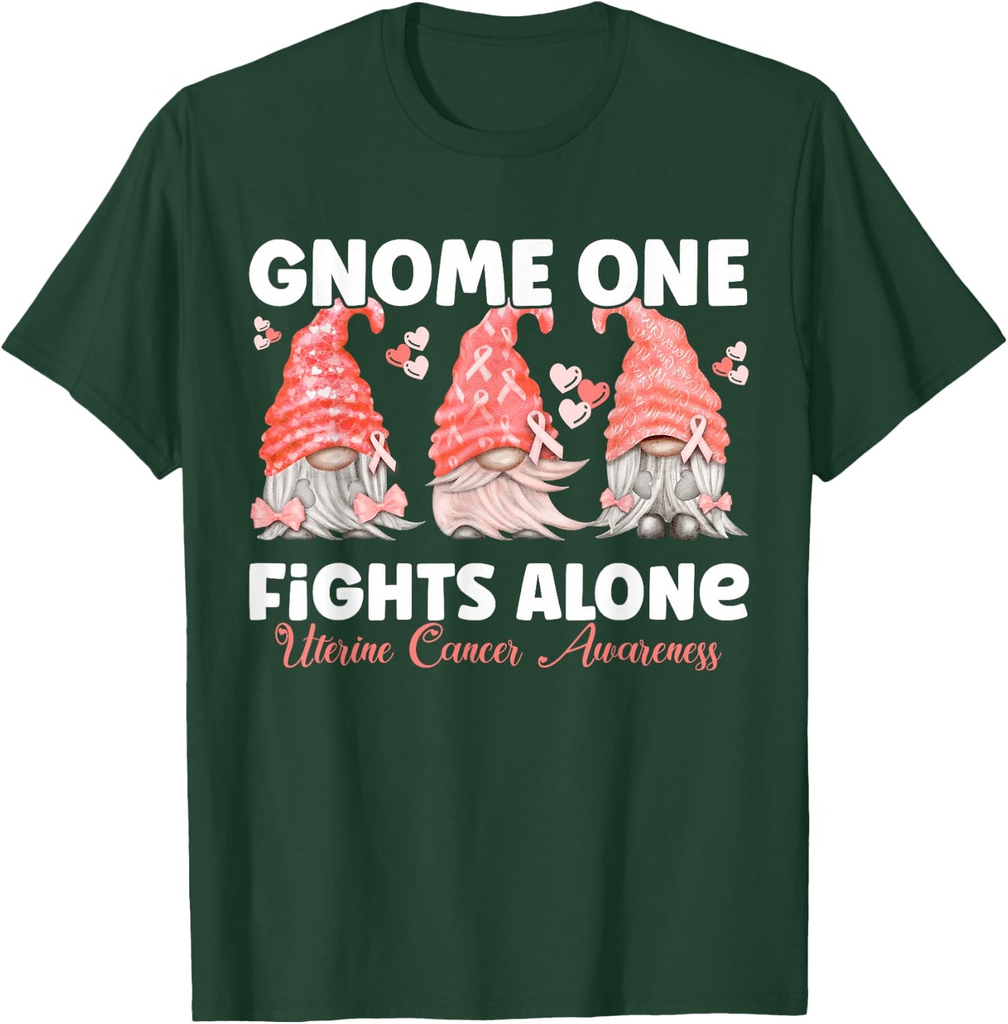 Gnome One Fights Alone Peach | Uterine Cancer Awareness T-Shirt - T-Shirt | Forest