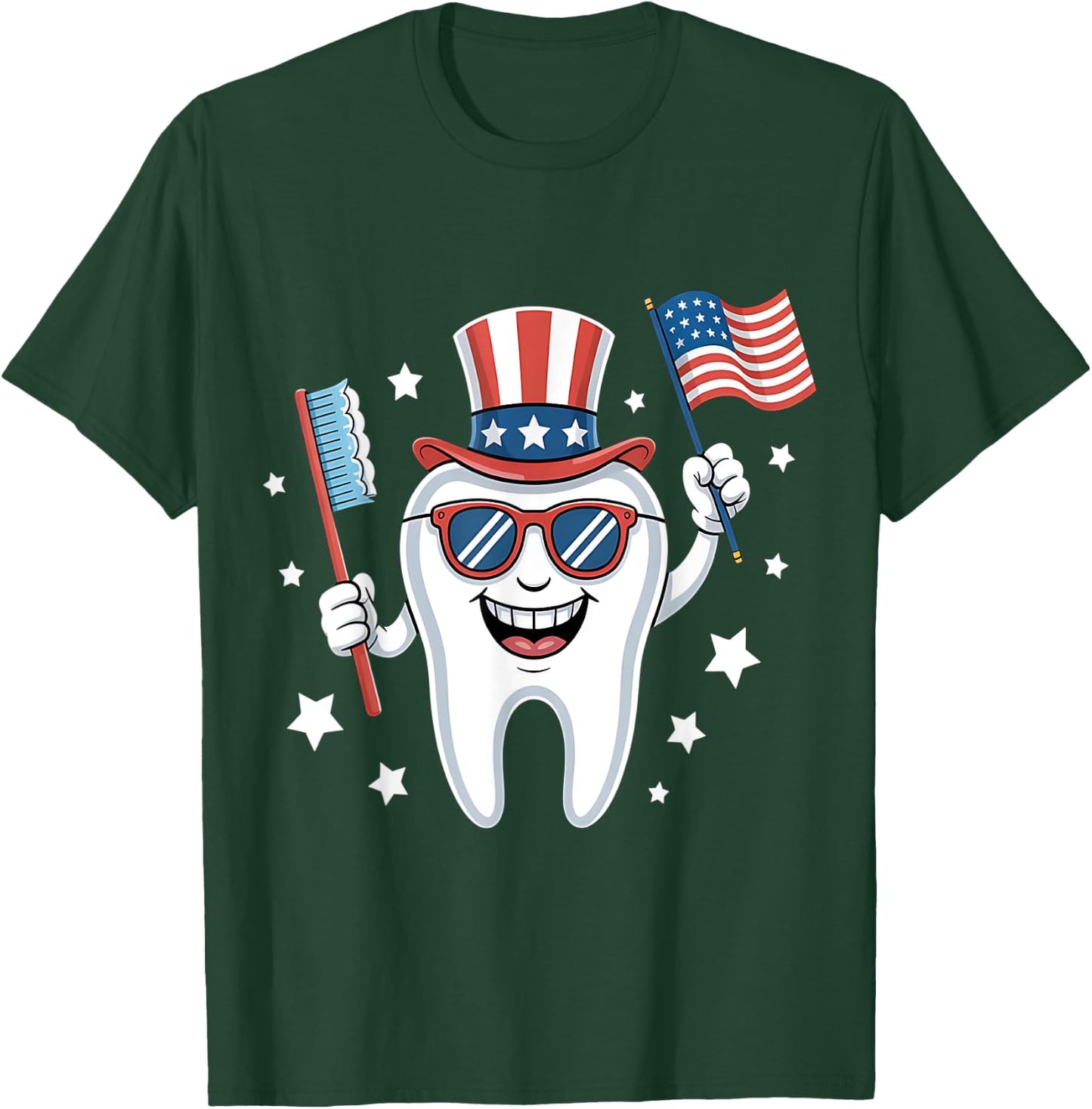 4th Of July Dentist Tooth Dental Patriotic Women Men Kids T-Shirt - T-Shirt | Forest