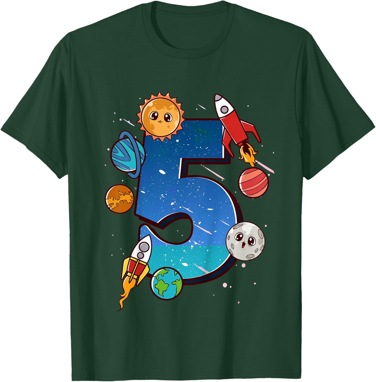 Boys 5th Birthday Party Outfit 5 Years Old Space Planets T-Shirt - T-Shirt | Forest
