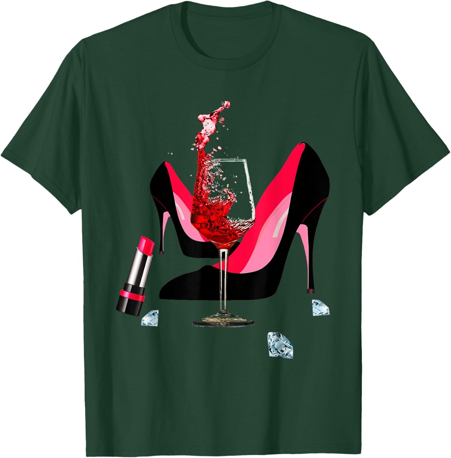 High Heel Shoes, red Lipstick, red Wine Glass and Diamonds T-Shirt - T-Shirt | Forest