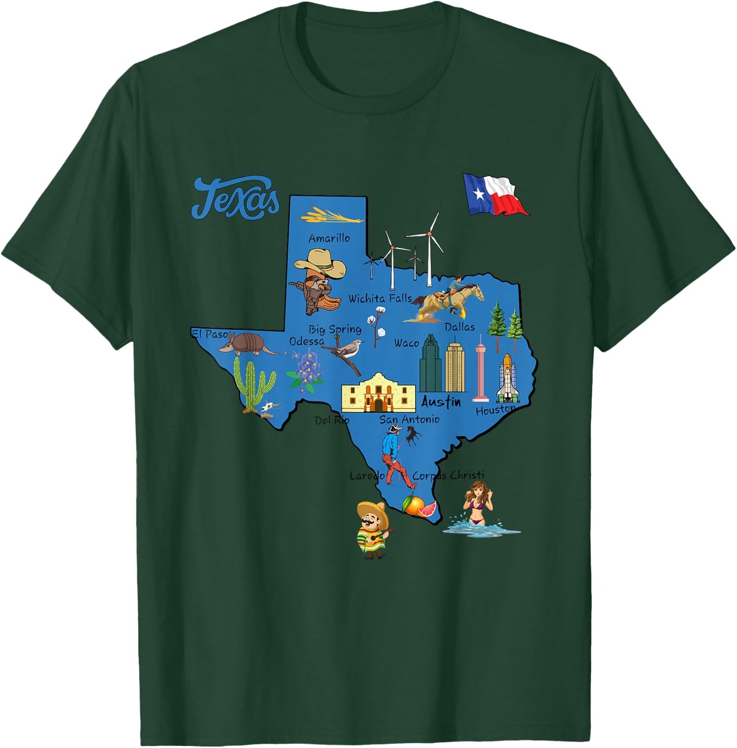 tourism map of Texas state, USA, cities, Landmarks, flag T-Shirt - T-Shirt | Forest