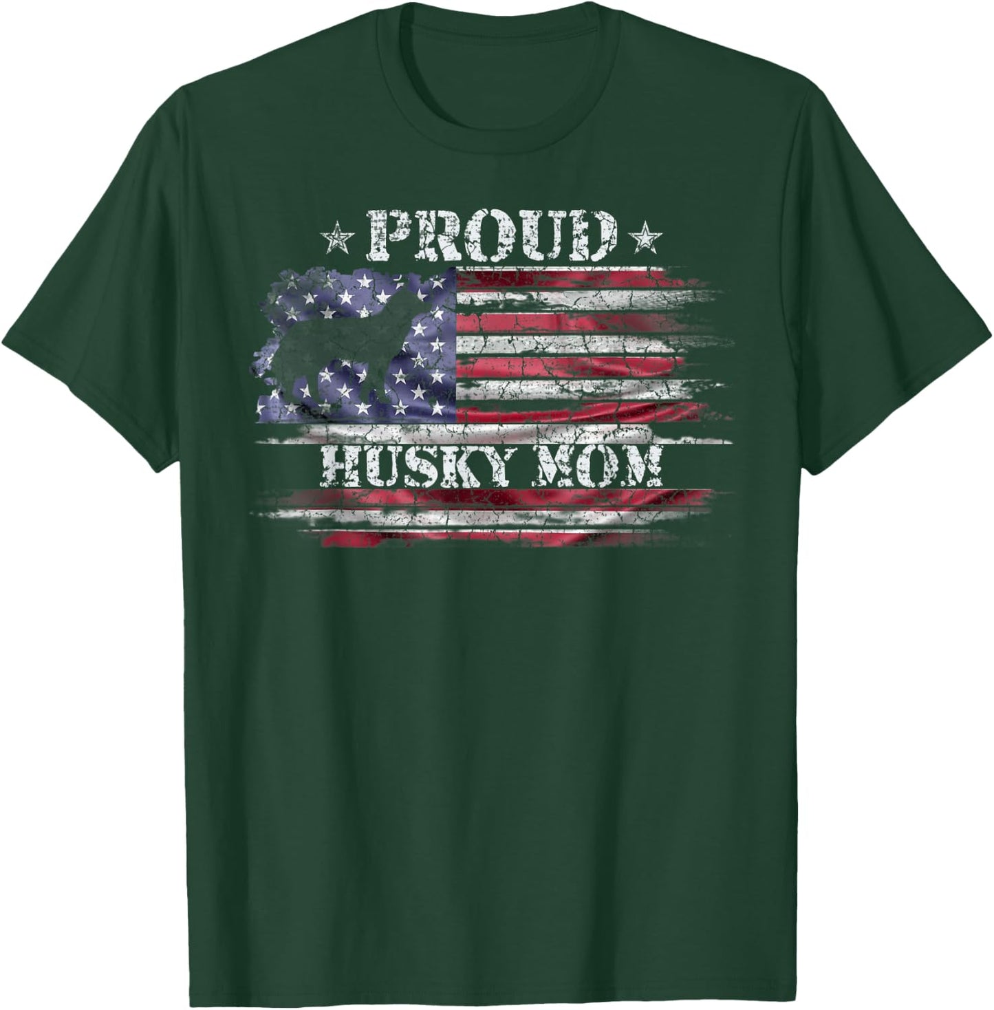 Vintage American Flag Proud Siberian Husky Mom Silhouette Women Kids Men T-Shirt - T-Shirt | Forest