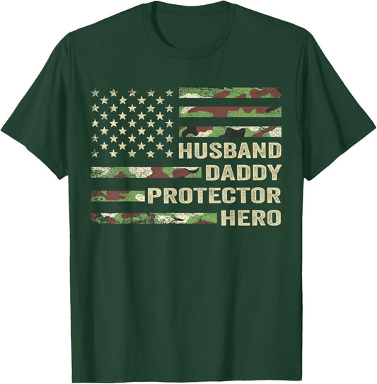 Husband Daddy Protector Hero Fathers Day Camo American Flag T-Shirt - T-Shirt | Forest
