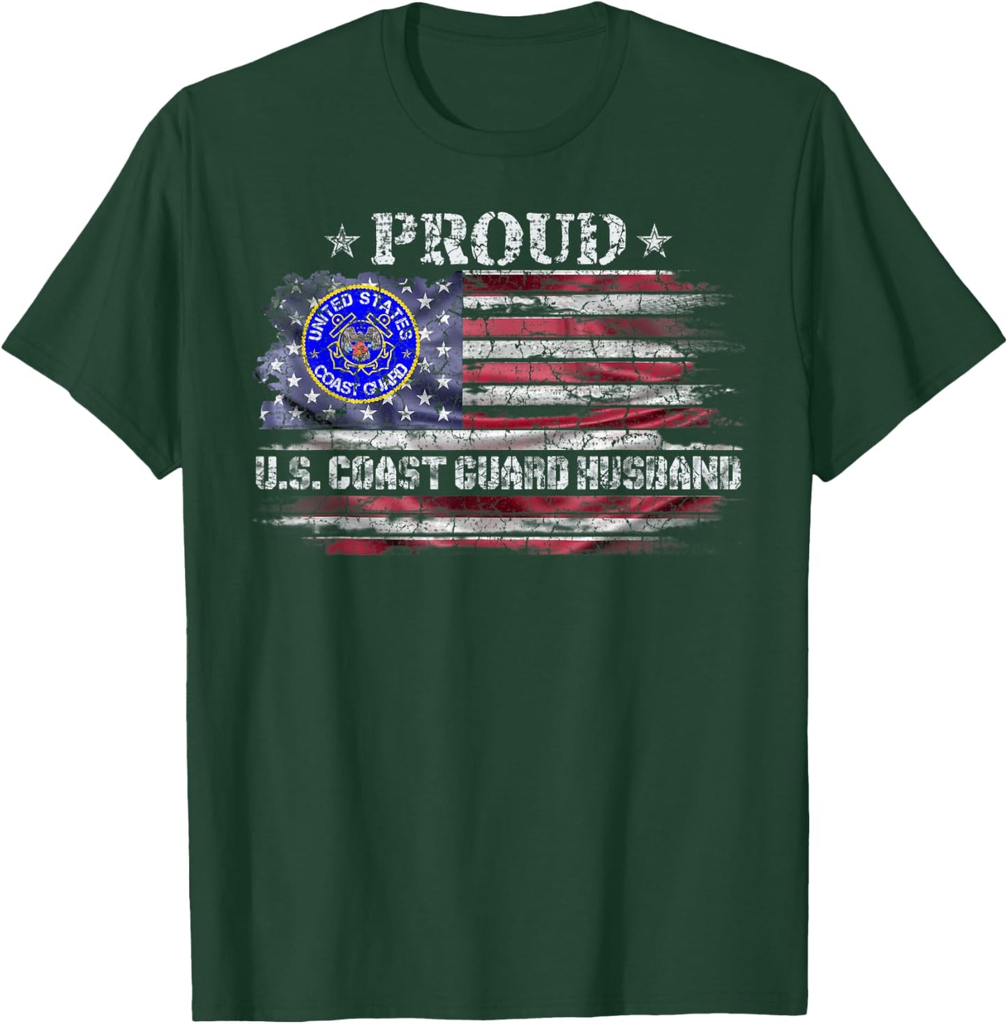 Vintage USA American Flag Proud US Coast Guard Husband Funny Women Men T-Shirt - T-Shirt | Forest