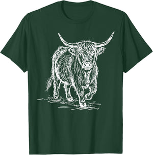 Highland Cow Line Art Scottish Cattle T-Shirt - T-Shirt | Forest