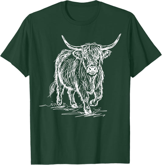 Highland Cow Line Art Scottish Cattle T-Shirt - T-Shirt | Forest