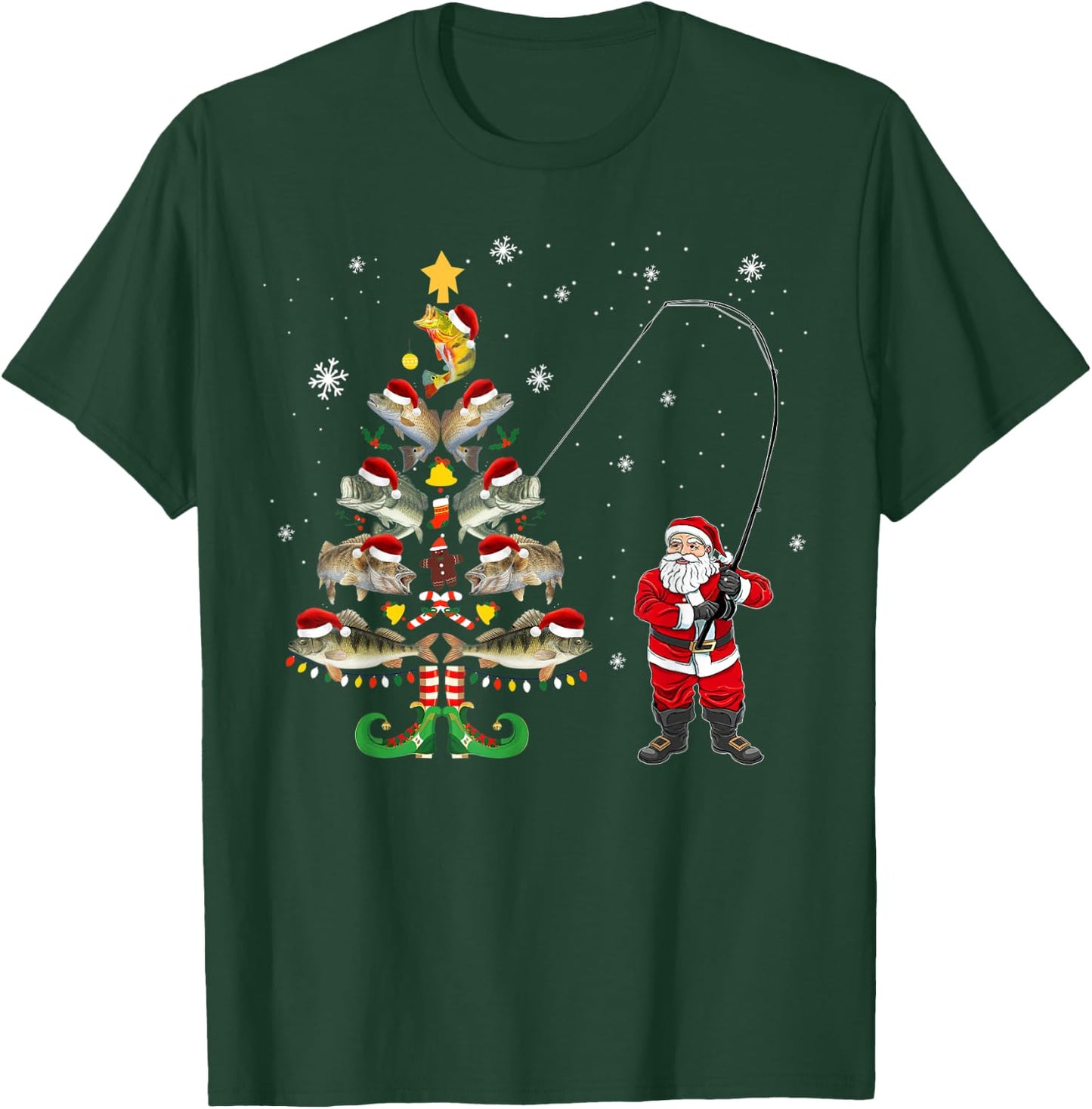Fishermans Christmas Pajama Gift Tree Lights Merry Fishmas T-Shirt - T-Shirt | Forest