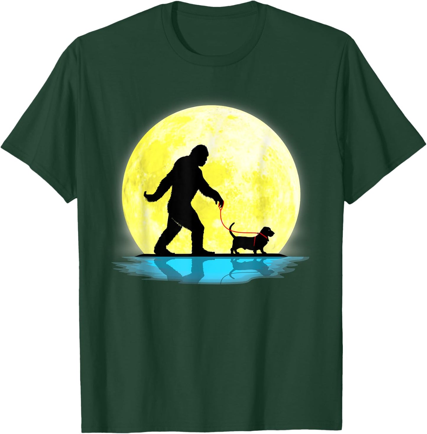 Cute Bigfoot Walking Basset Hound Full Moon Light Lovers T-Shirt - T-Shirt | Forest