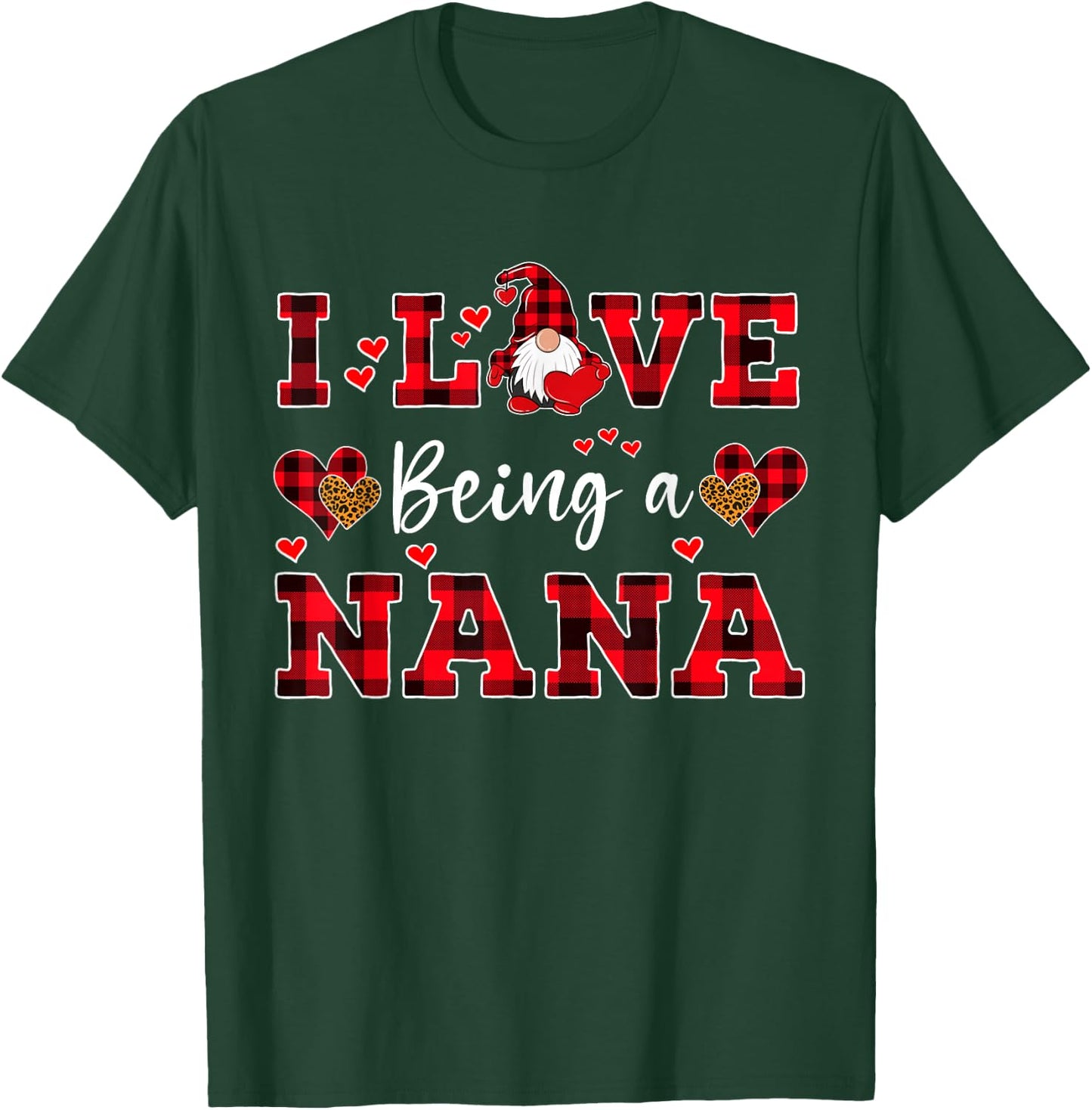 Family Gnome Design I Love Being A Nana Gnome Women's Classic Fit Black Short Sleeve Heart Plaid T-Shirt - T-Shirt | Forest