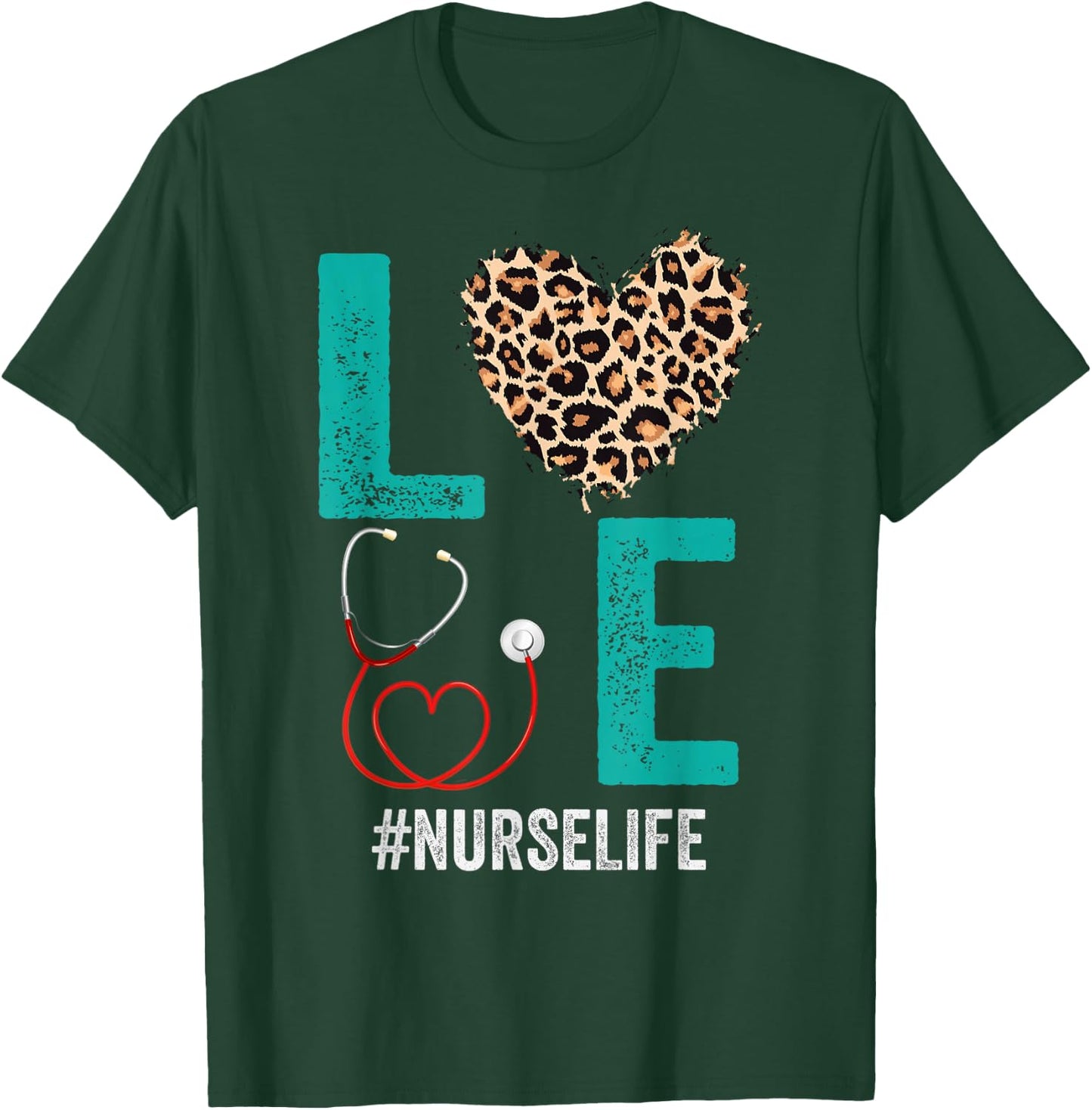 RN LPN CNA Healthcare Cheetah Heart Leopard Nurse Life T-Shirt - T-Shirt | Forest