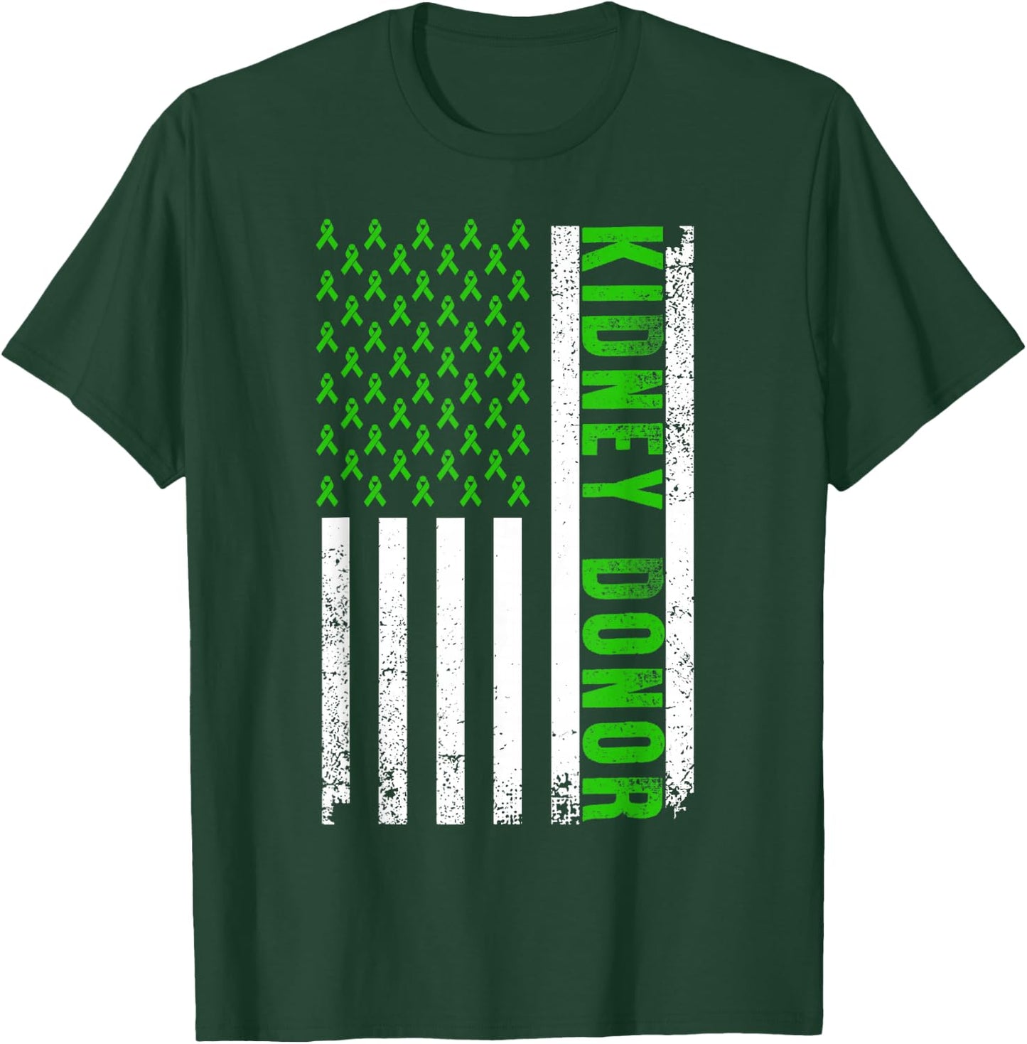 Cute Kidney Donor US Flag Art Kidney Transplant Green Ribbon T-Shirt - T-Shirt | Forest