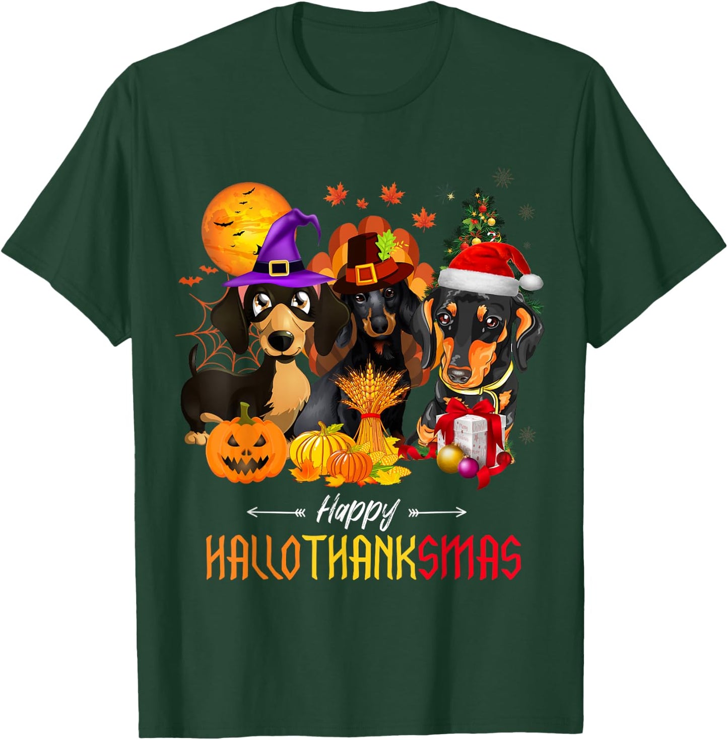 Dachshund Dog Halloween Merry Christmas Happy Hallothanksmas Men Women Kids T-Shirt - T-Shirt | Forest