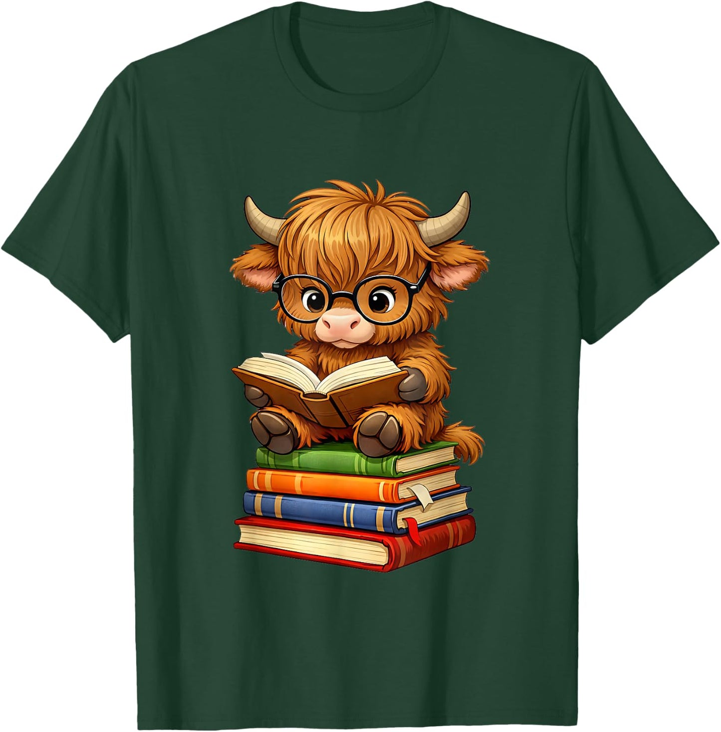 Cute Highland Cow with Glasses Reading Books T-Shirt - T-Shirt | Forest
