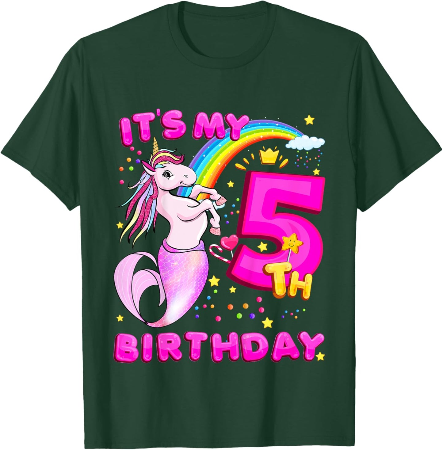 5th Birthday Unicorn Mermicorn Mermaid Gifts For Girls T-Shirt - T-Shirt | Forest