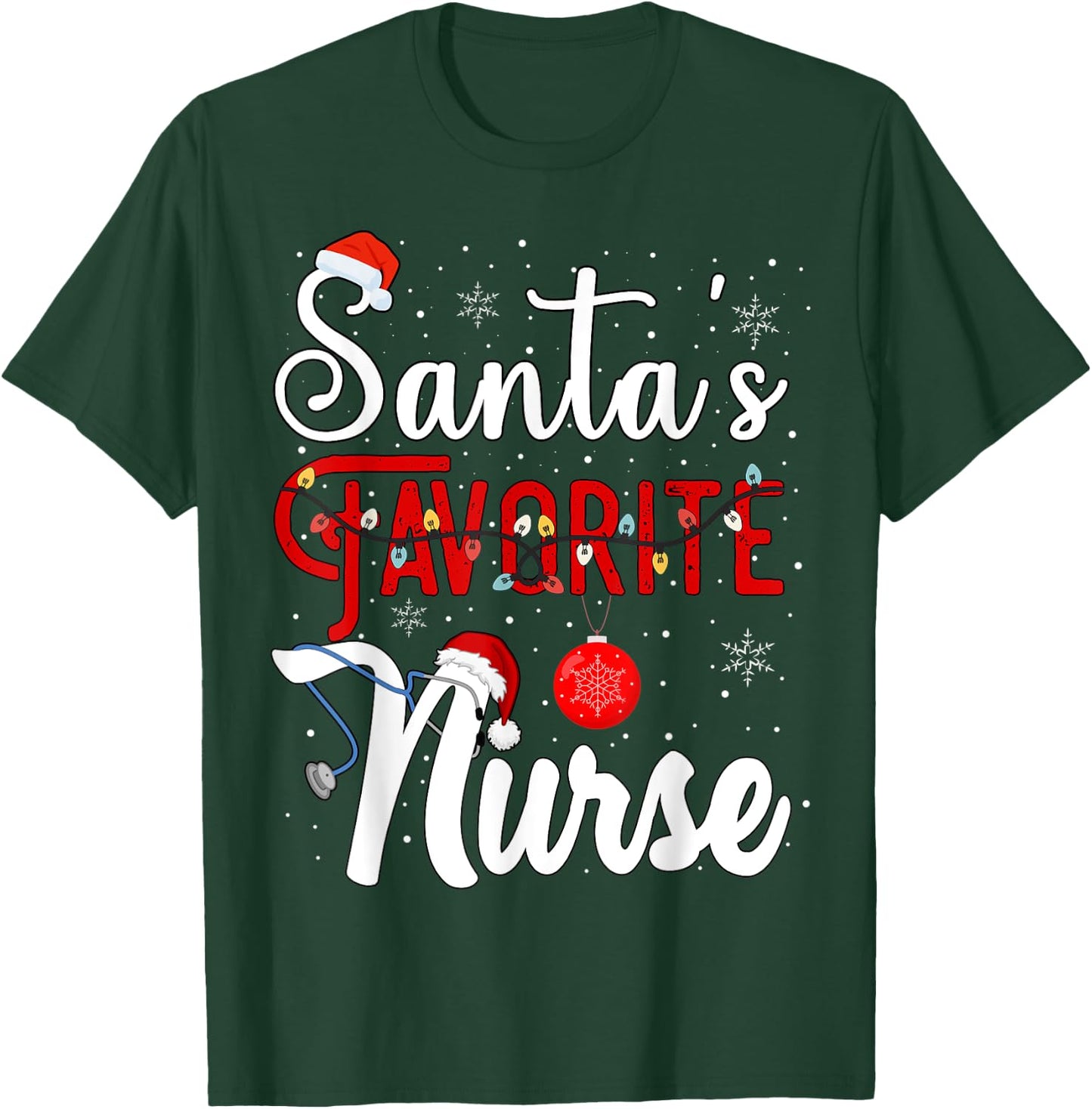 Santa's Favorite Nurse Christmas Pajama Lights Nursing Xmas T-Shirt - T-Shirt | Forest