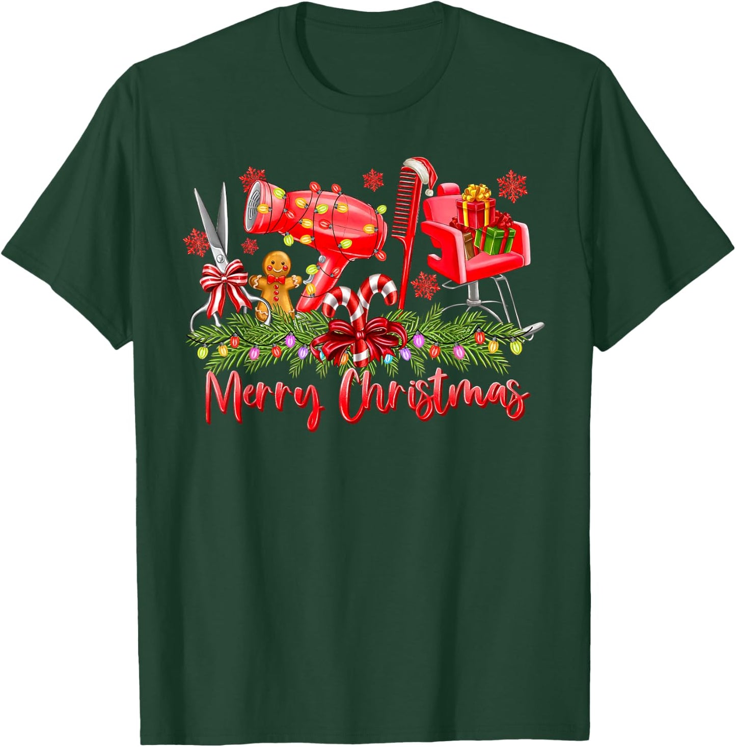 Merry Christmas Lights Hairstylist Tool Hairdresser Barber T-Shirt - T-Shirt | Forest