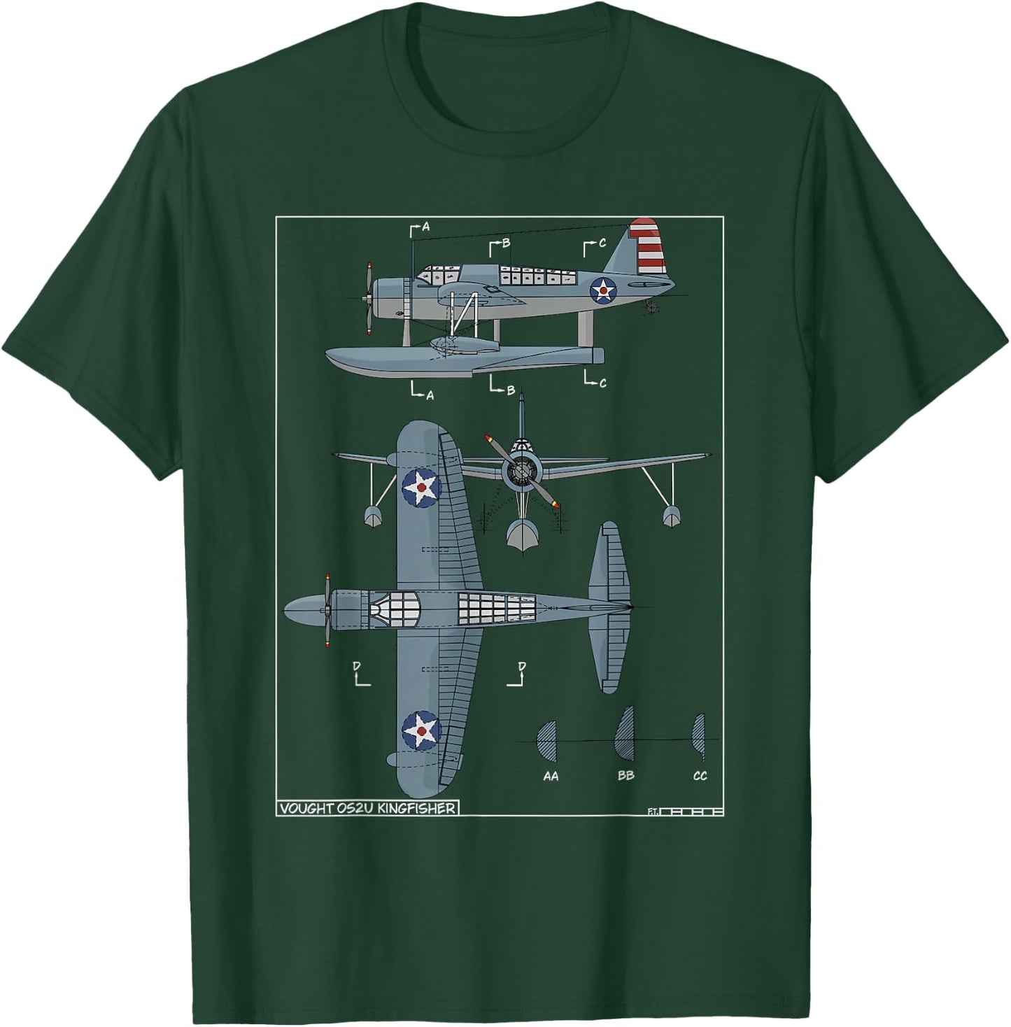 Vought OS2U Kingfisher American WW2 Floatplane Color Diagram T-Shirt - T-Shirt | Forest