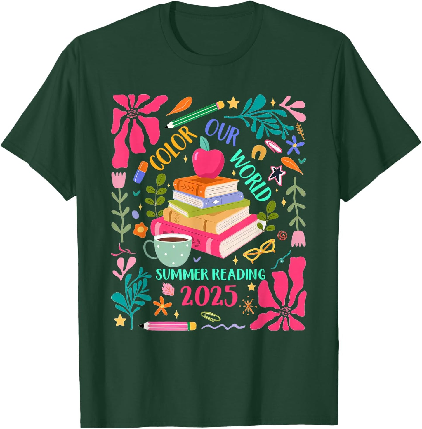 Color Our World Summer Reading 2025 Boho Wildflower Book T-Shirt - T-Shirt | Forest