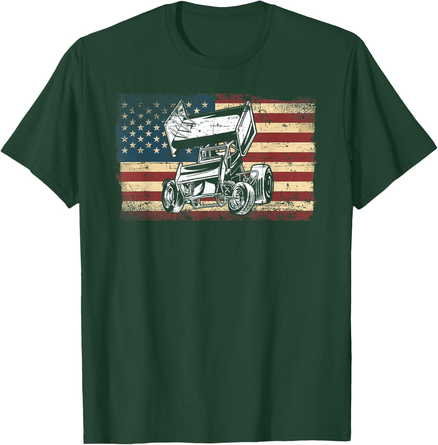 Dirt Track Racing Sprint Car Vintage Retro American Flag T-Shirt - T-Shirt | Forest