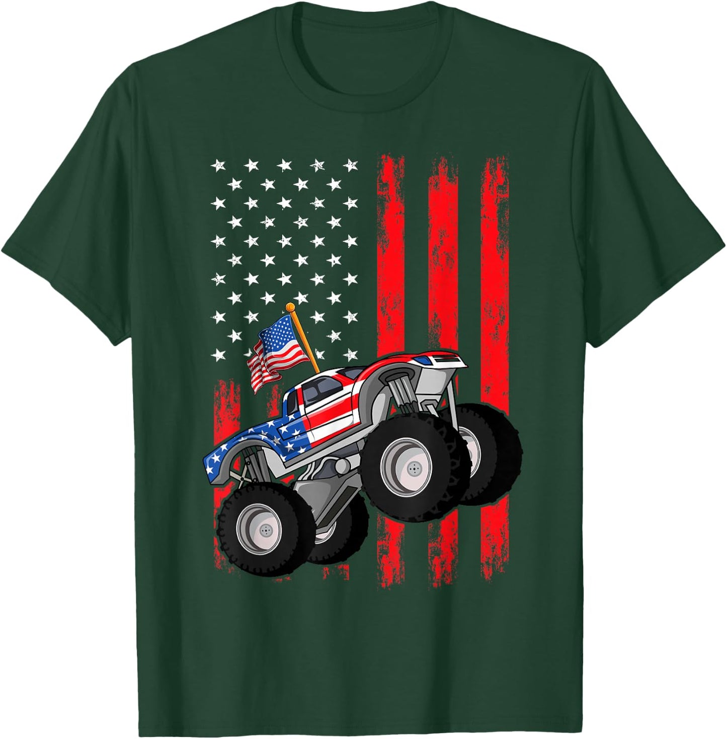 Kid Monster Truck Shirt, Toddler Boys American Flag July 4th T-Shirt - T-Shirt | Forest