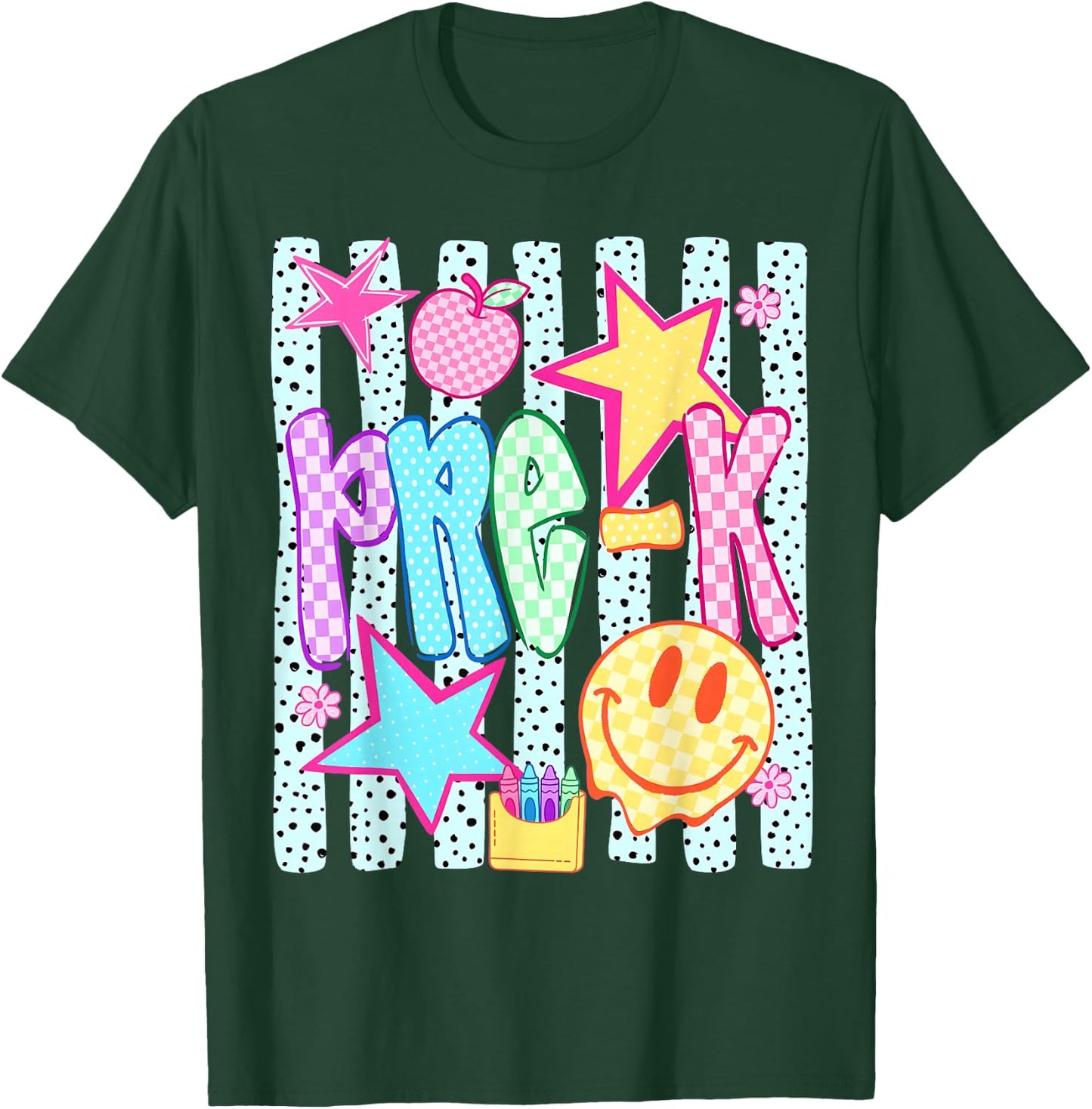 Back to School Colorful Pre K Checkered Girl Teacher T-Shirt - T-Shirt | Forest