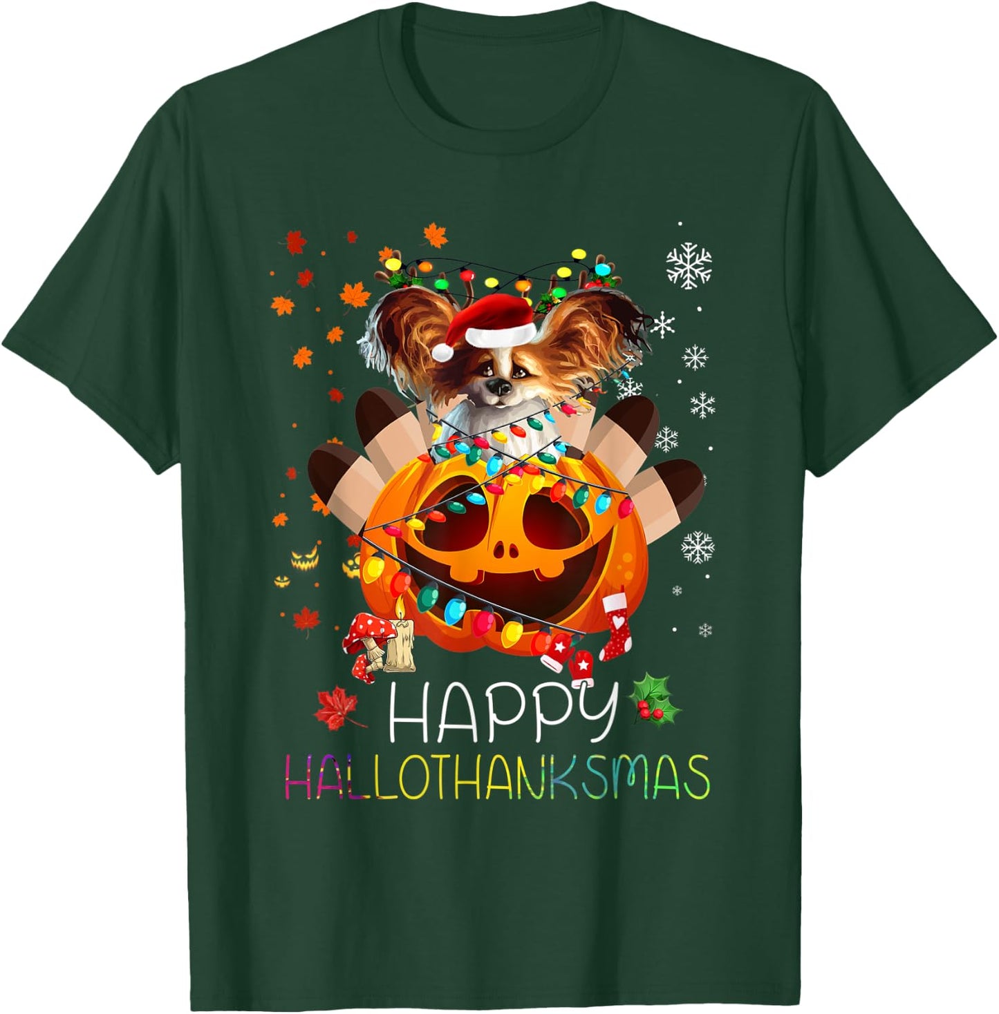 Funny Papillon Dog Happy Thanksgiving Halloween Xmas Pajama T-Shirt - T-Shirt | Forest