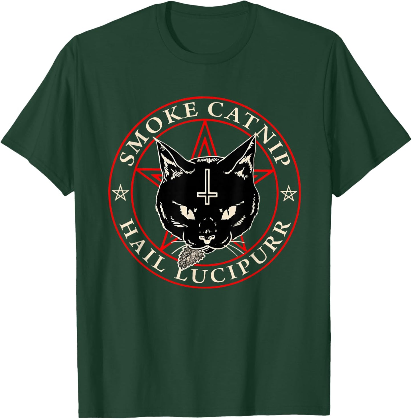 Satanic Black Cat Hail Satan Smoke Catnip Hail Lucipurr Weed T-Shirt - T-Shirt | Forest