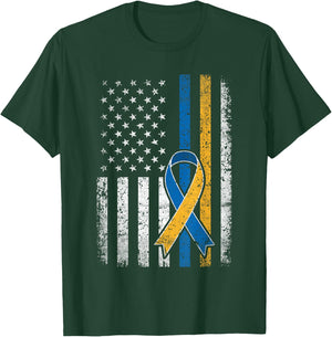 Down Syndrome Shirt USA Flag Retro Blue and Yellow Ribbon T-Shirt - T-Shirt | Forest