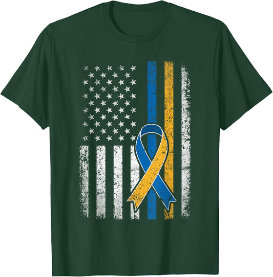 Down Syndrome Shirt USA Flag Retro Blue and Yellow Ribbon T-Shirt - T-Shirt | Forest