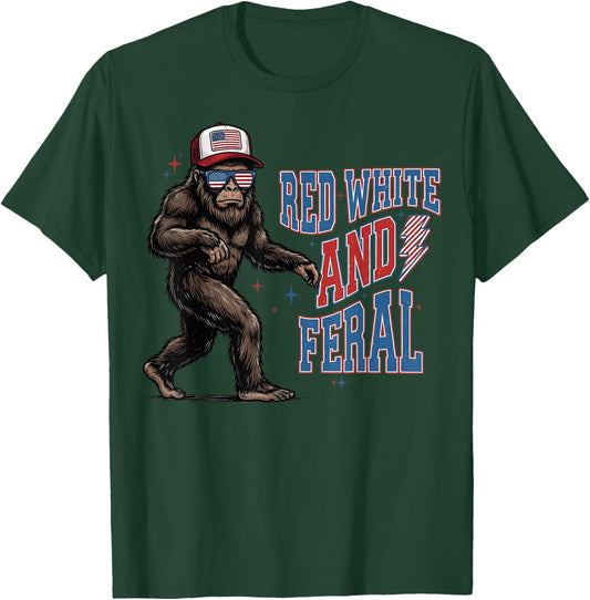 Red White and Feral Bigfoot 4th of July USA American Pride T-Shirt - T-Shirt | Forest