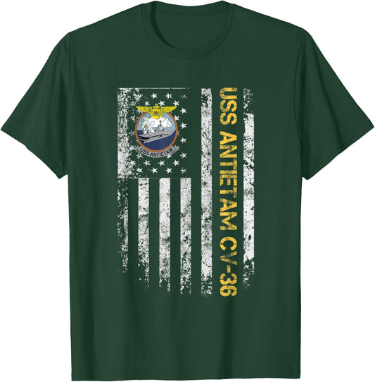 USS Antietam CV-36 Aircraft Carrier USA Flag Veterans Day Women Men T-Shirt - T-Shirt | Forest