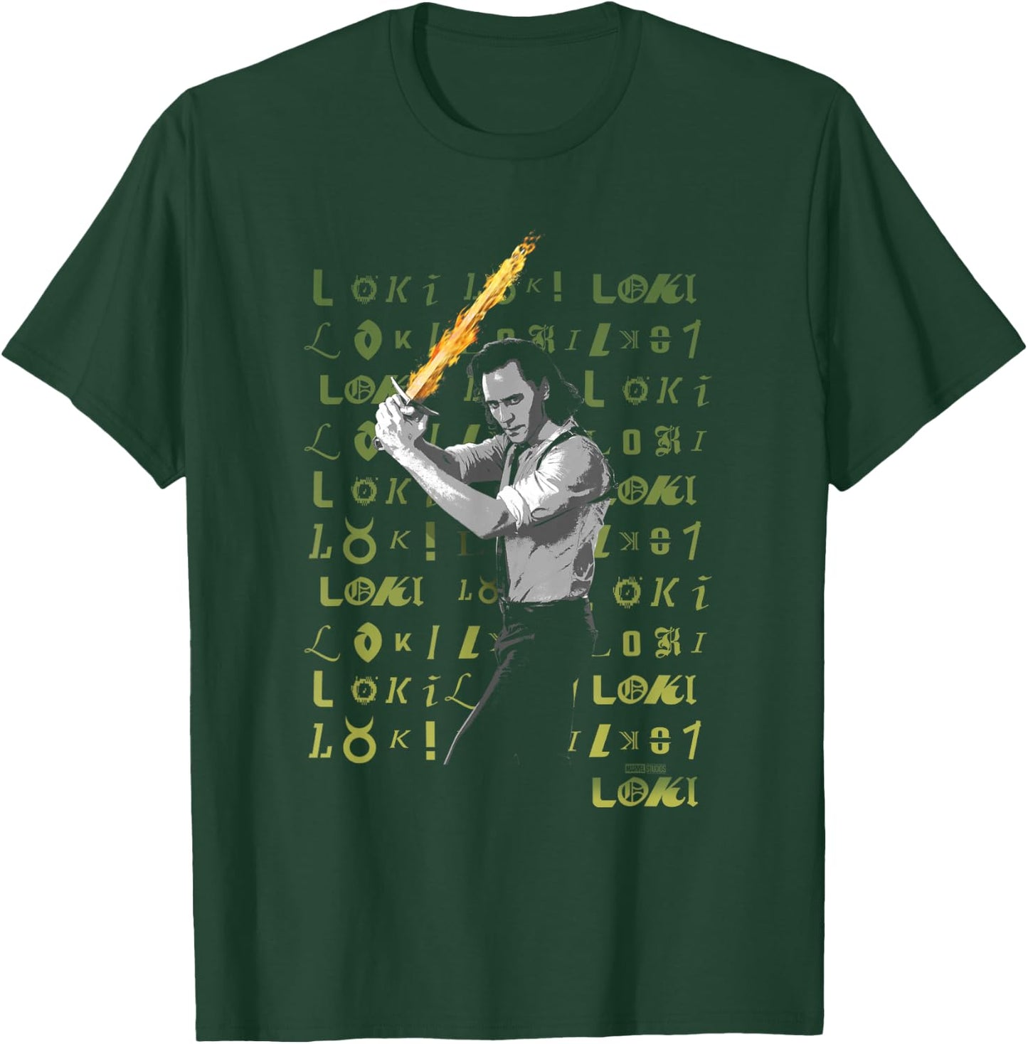Marvel Loki Flaming Sword Loki Logo Text Spill T-Shirt - T-Shirt | Forest