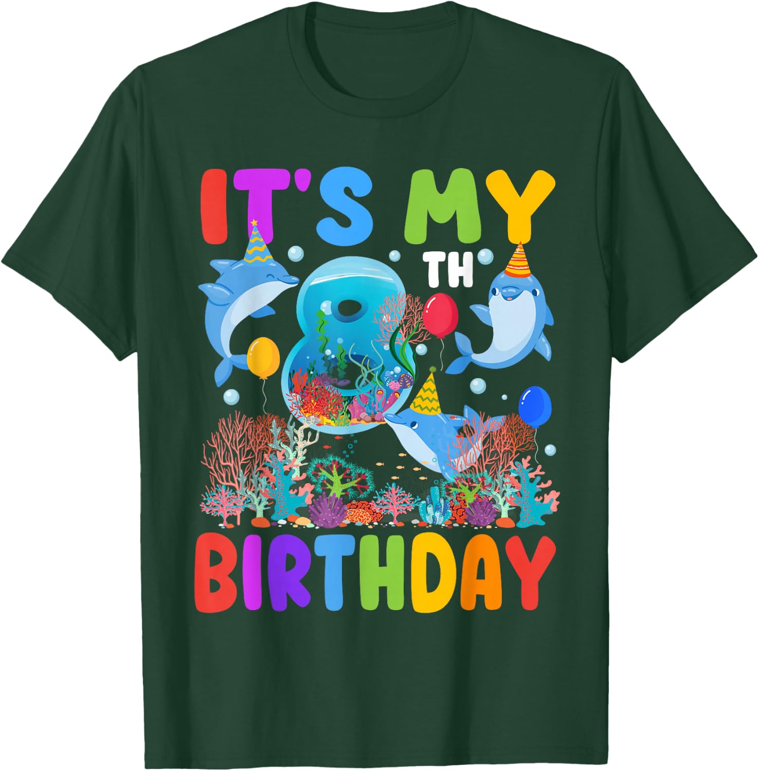 It's My 8th Birthday Dolphin Sea Animal Party 8 Year Old T-Shirt - T-Shirt | Forest