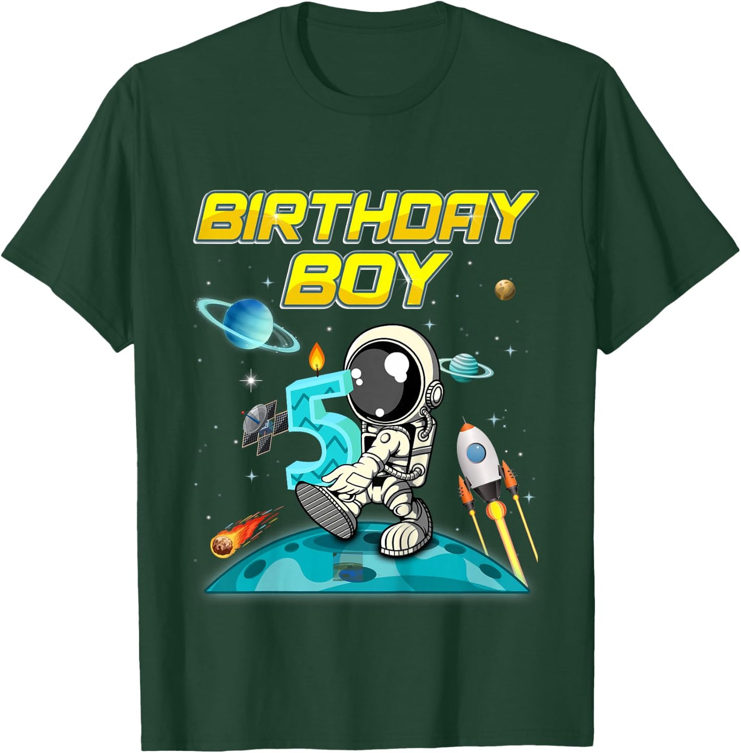 Kids 5 Year Old Outer Space Bday Boy Planets Astronaut 5th Gift T-Shirt - T-Shirt | Forest